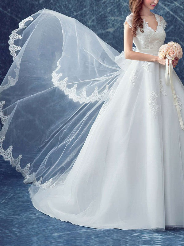 Gorgeous Lace V-Neck Tulle Chapel Train Wedding Dresses with Appliques
