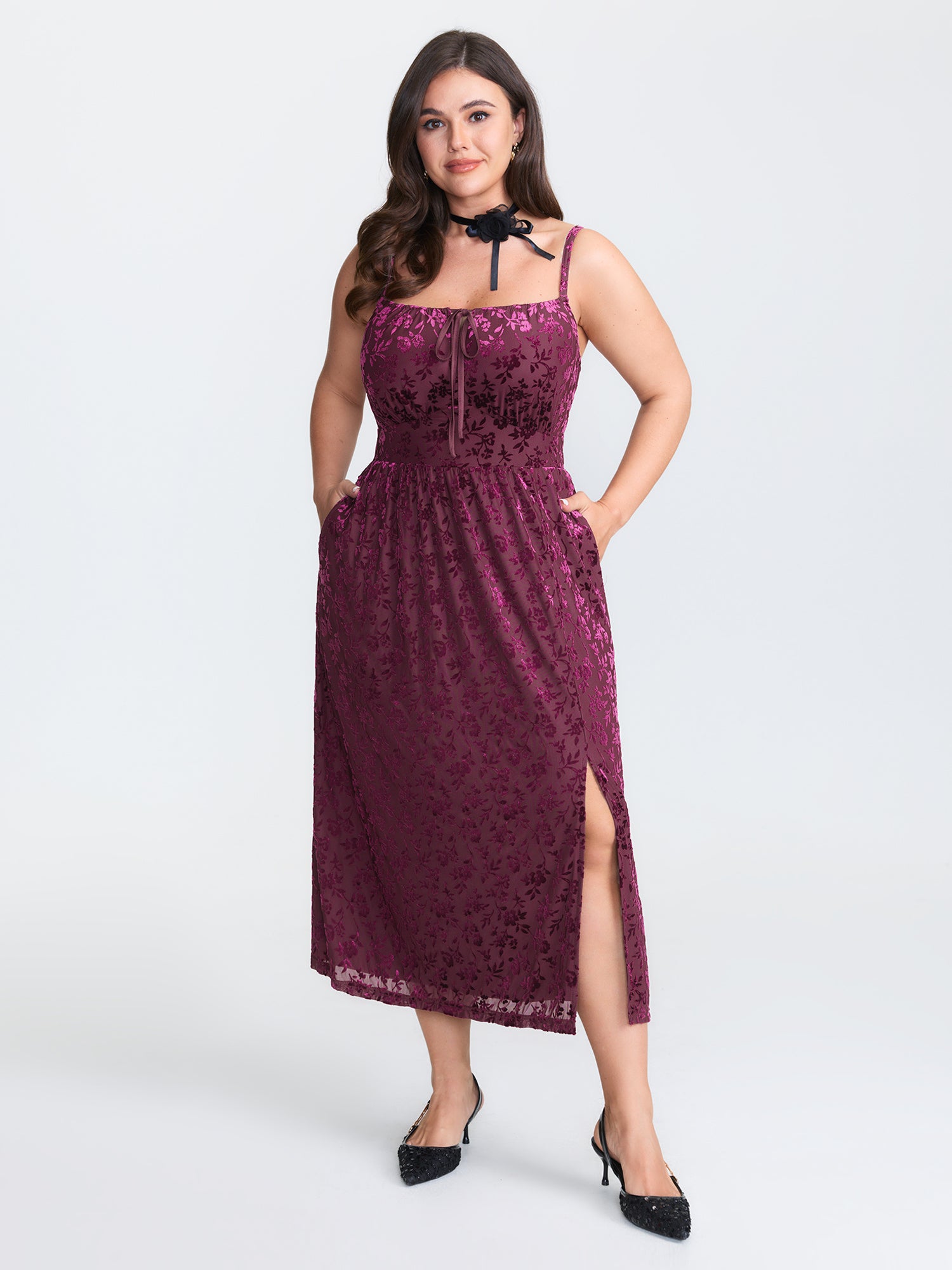 Velvet Laser Cut Pattern Drawstring Midi Dress