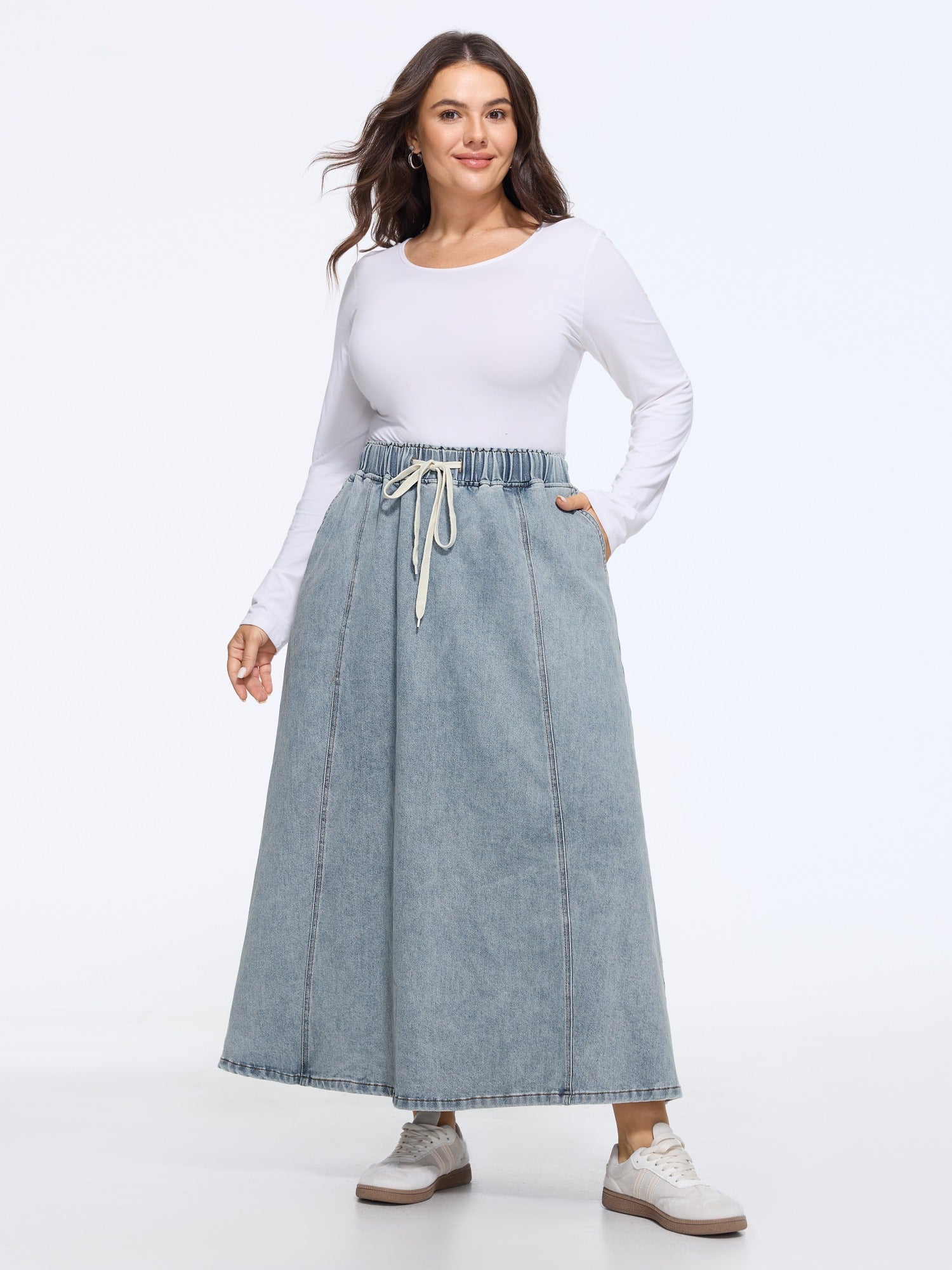 Drawstring Elastic Waist Washed Denim Midi Skirt