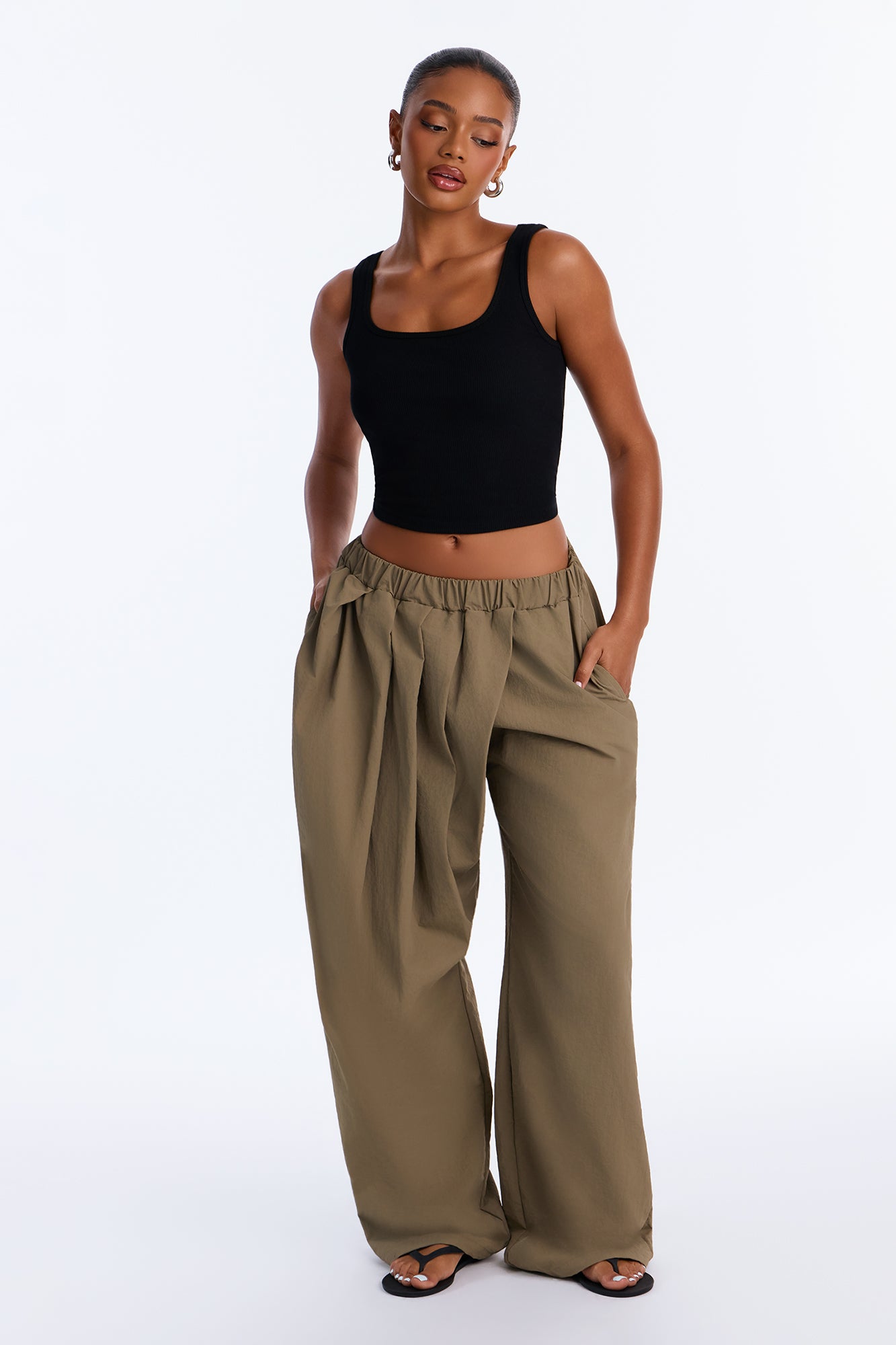 Lindsay Pleated Windbreaker Wide Leg Pant - Olive