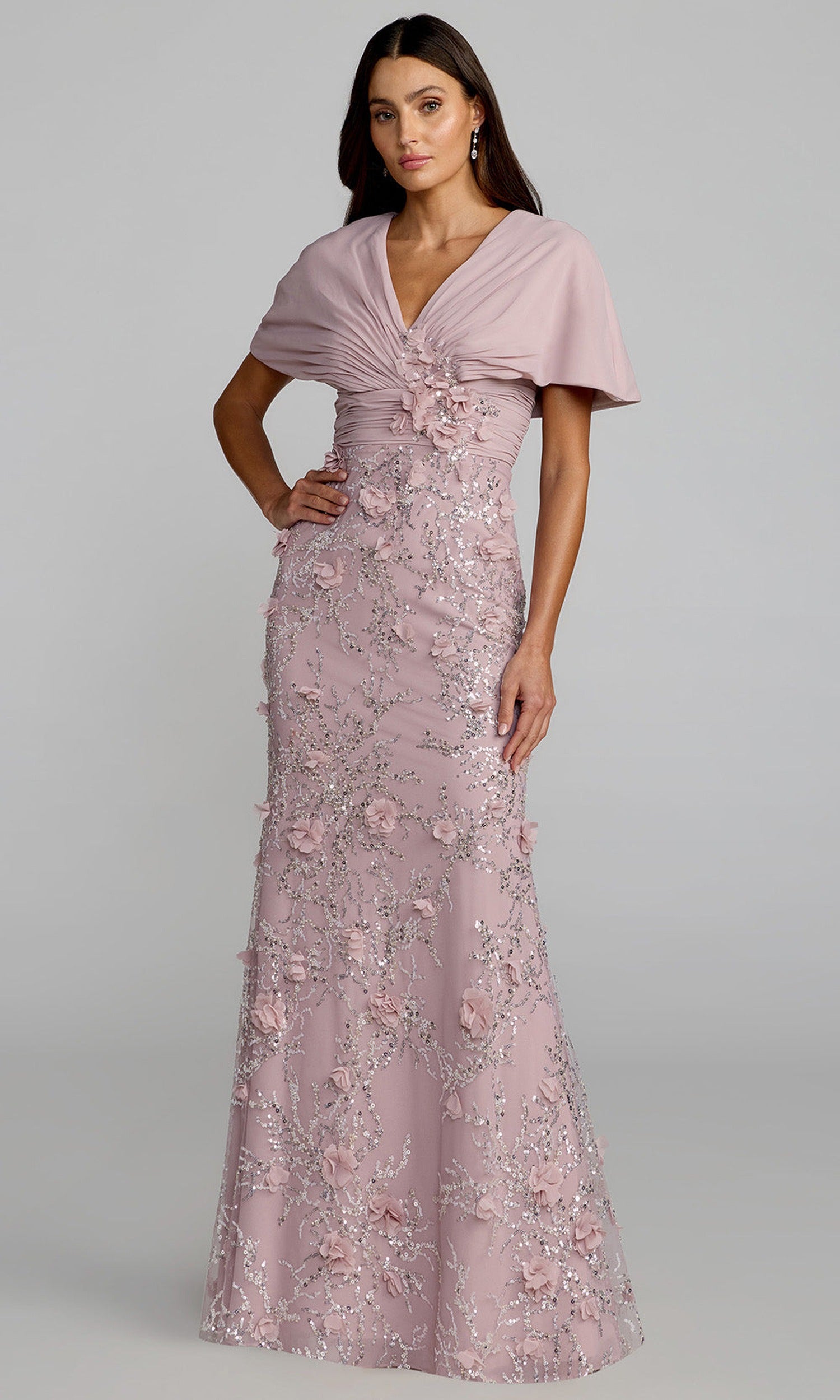 Mac Duggal 69125 - Floral Accent Short Cape Sleeve Gown