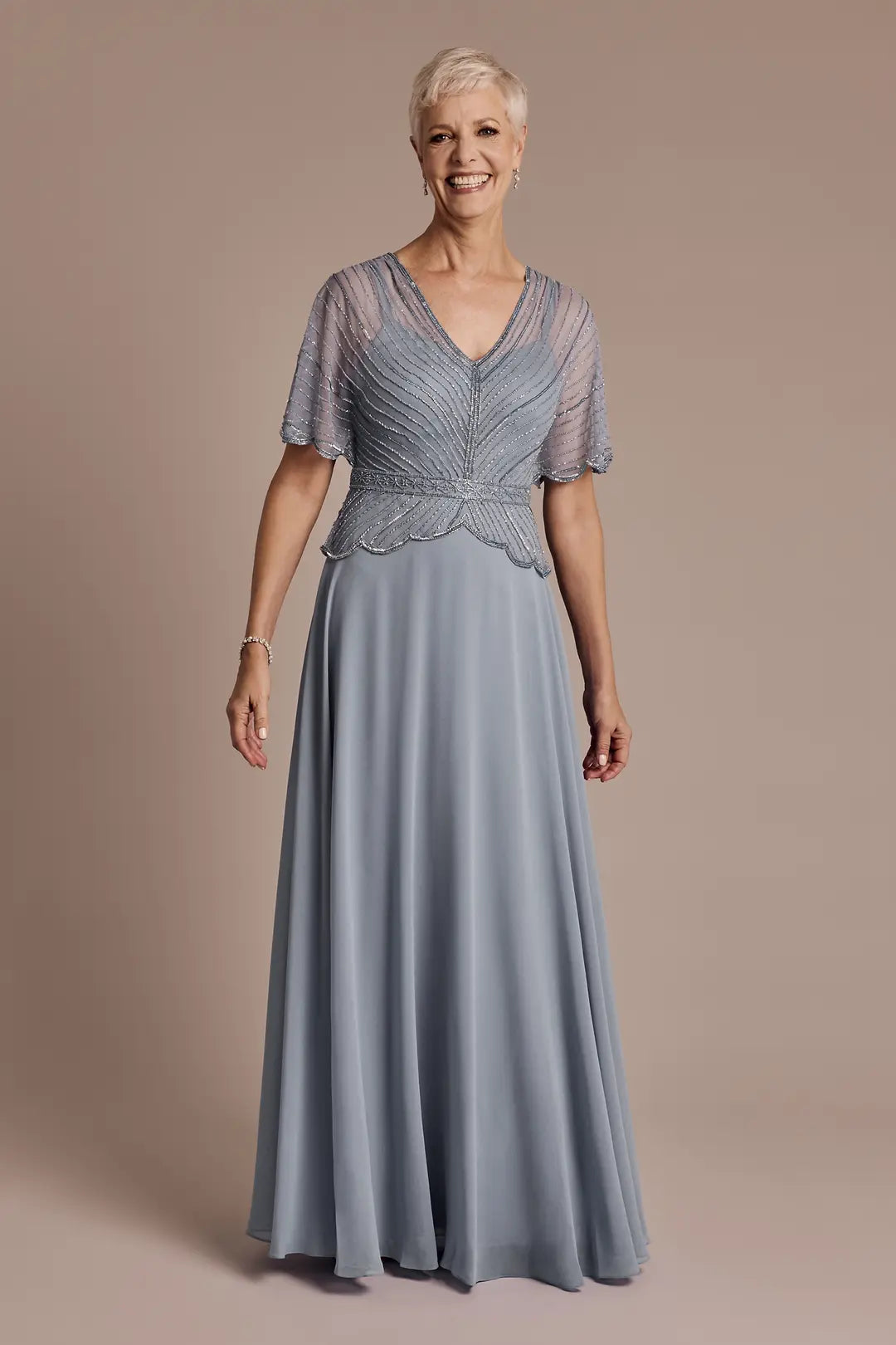 Beaded Peplum A-Line Dress with Scalloped Edge