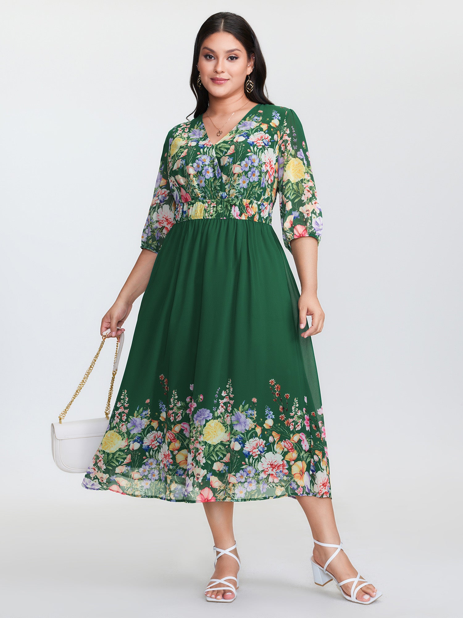 Floral Print Surplice Neckline Stretchy Waist Maxi Dress