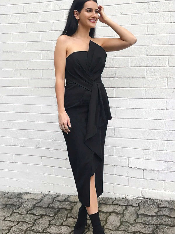 Beautiful Strapless Sheath Satin Tea-Length Ruffles Bridesmaid Dresses