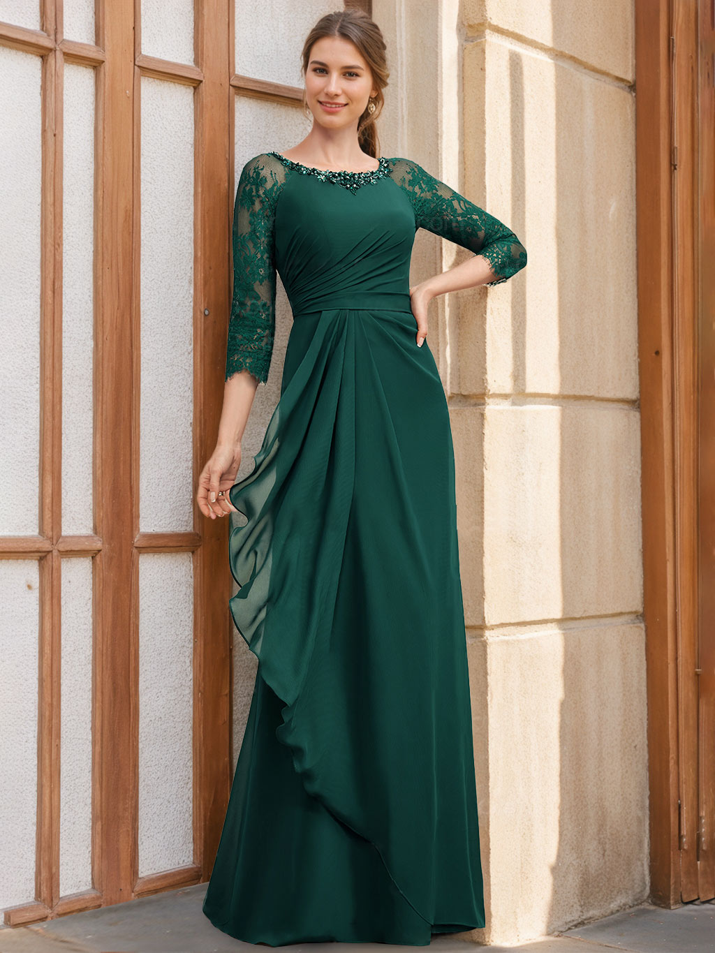 Princess A-Line Floor-Length Mother of the Bride Dresses with Scoop Neck 3/4 Sleeves Sequins Ruffles & Appliques