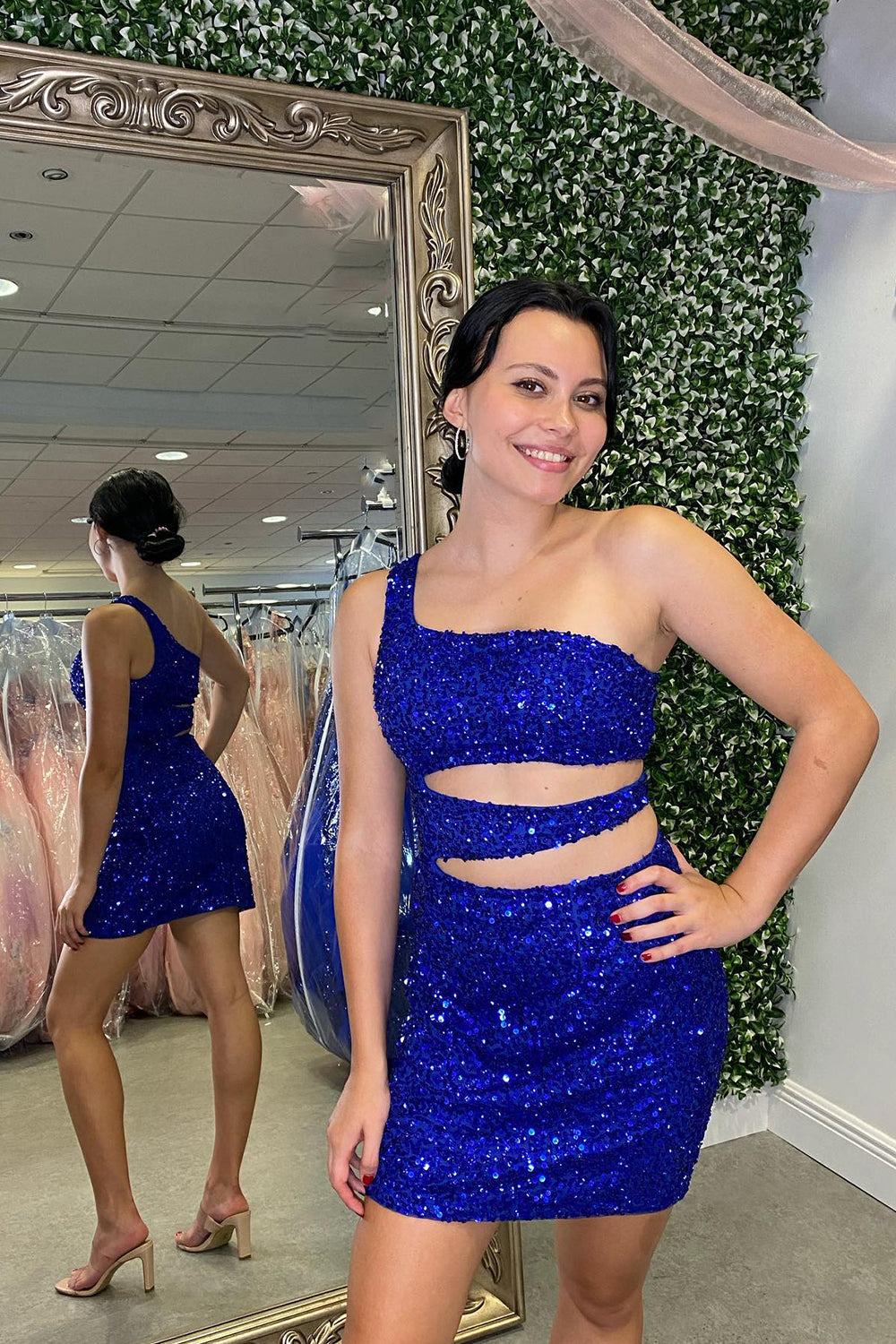 Sparkly Royal Blue One Shoulder Cut Out Sequins Tight Short Homecoming Dress/Mini Dress