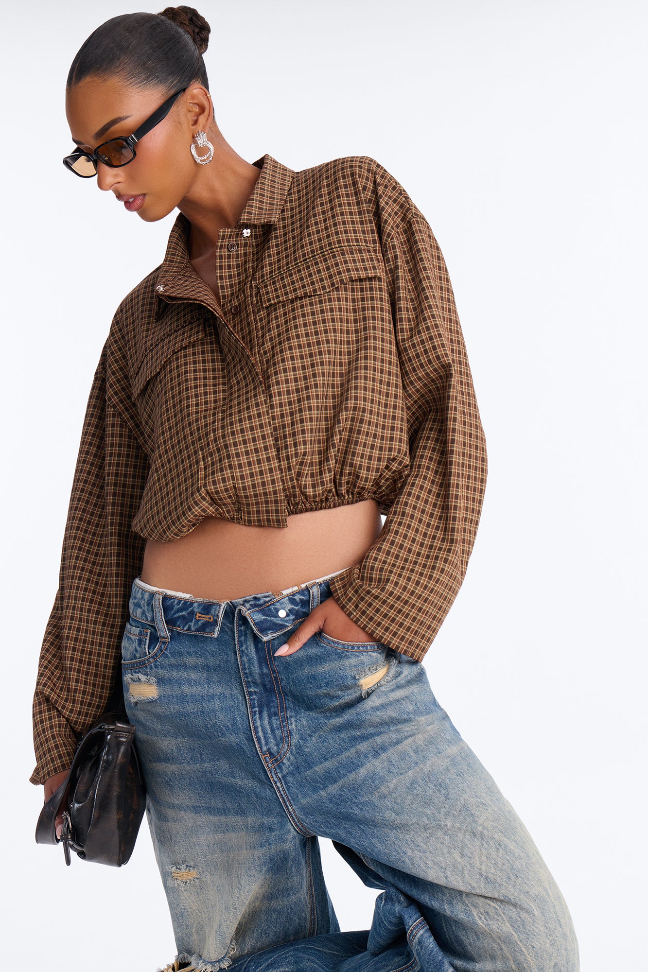 Autumn Skies Plaid Button Up Blouse - Brown/combo