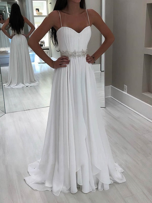 Elegant A-Line Sweetheart Spaghetti Straps Chiffon Sweep Train Wedding Dresses with Beading