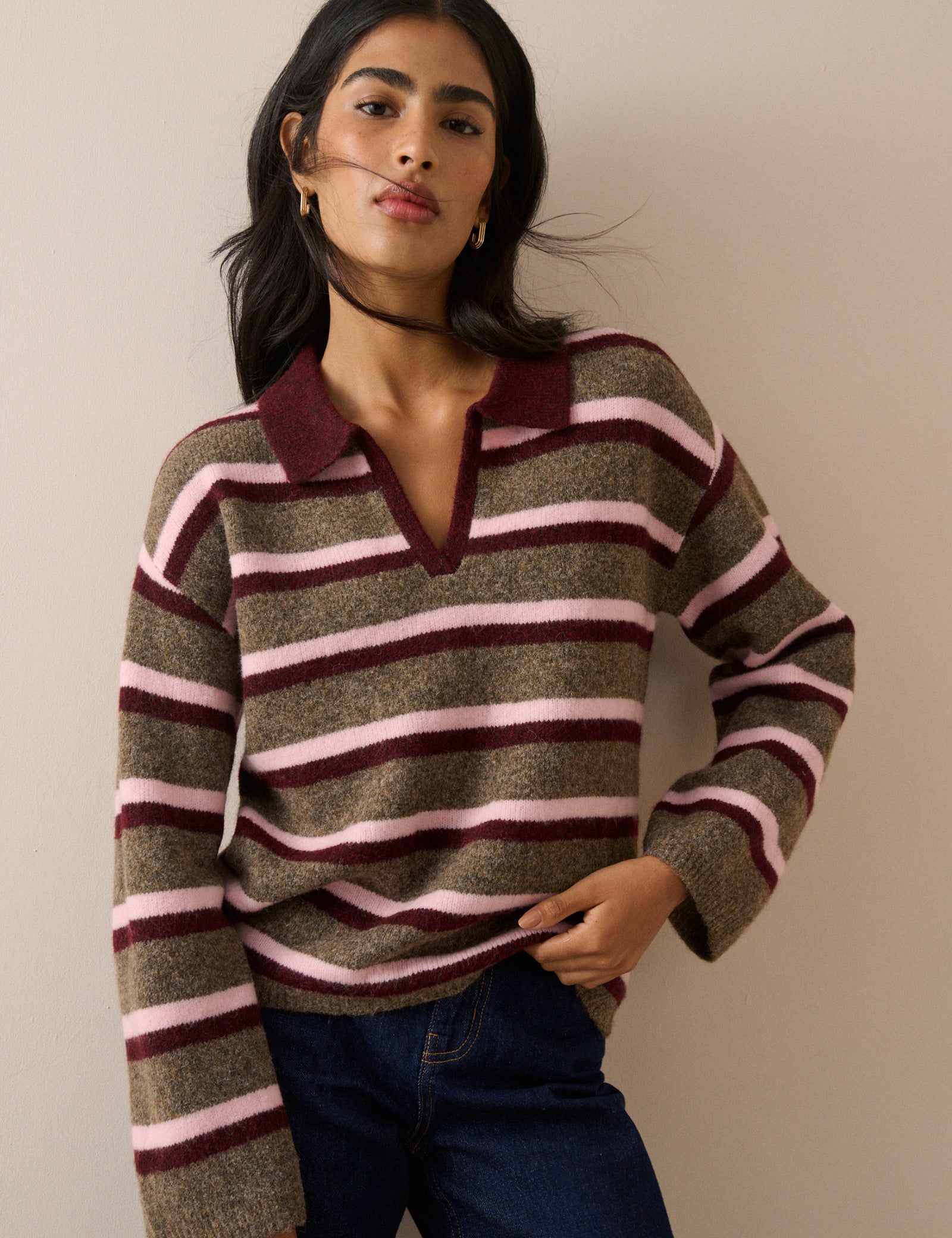 Brown Striped V-neck Collared Jumper