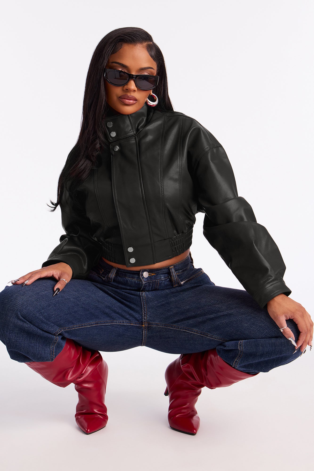 Show Stopper Cropped Faux Leather Bomber Jacket - Black