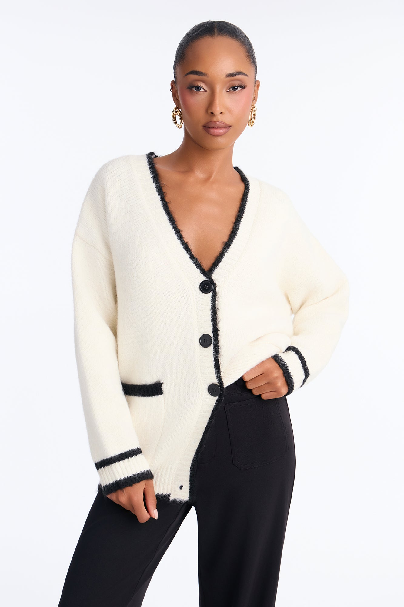 Kalie Contrast Long Sleeve Cardigan - White/Black