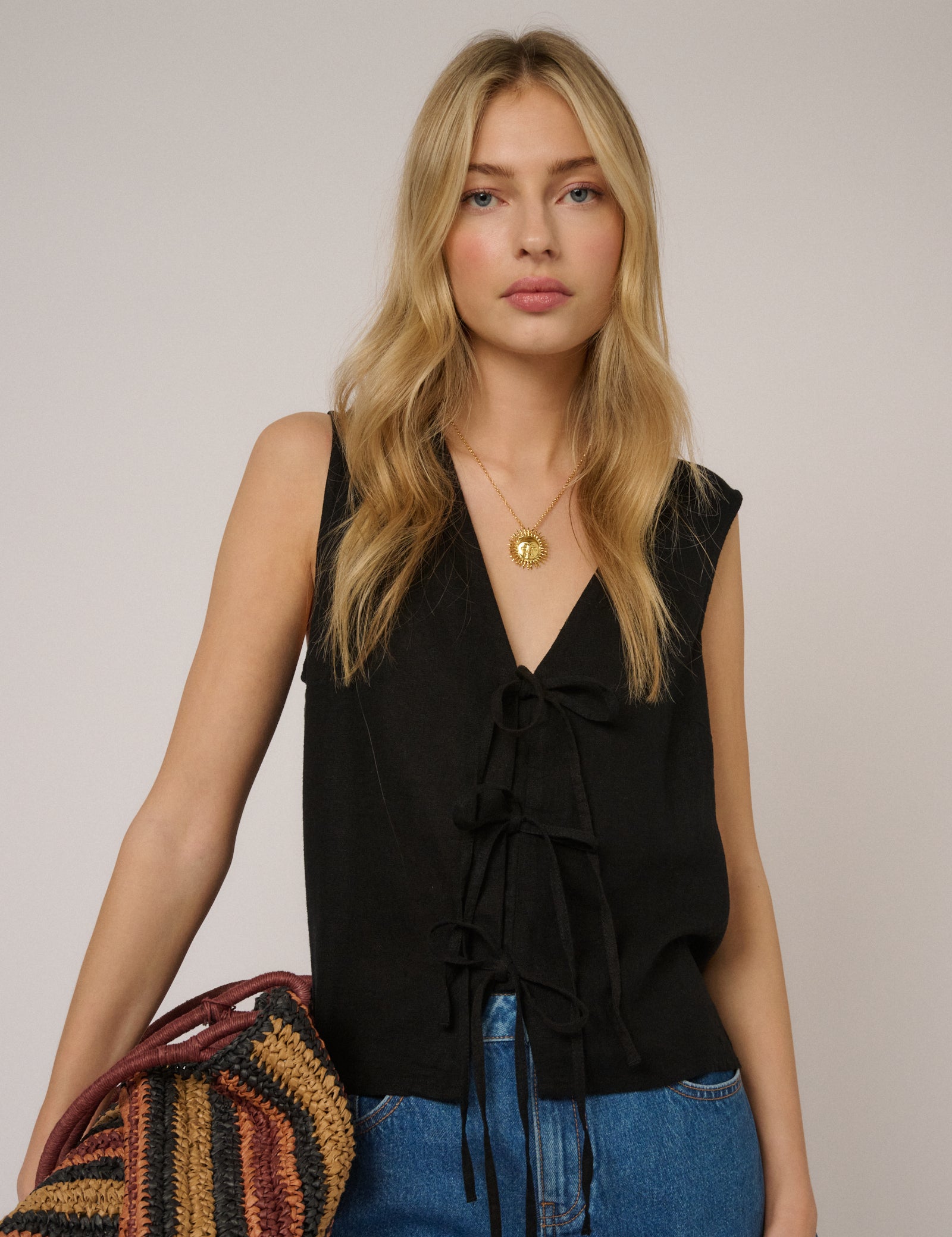 Black Linen-Rich Tie Front Tessa Top