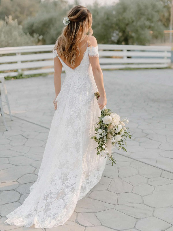Elegant Off-The-Shoulder Backless A-Line V-Neck Lace Sweep Train Wedding Dresses