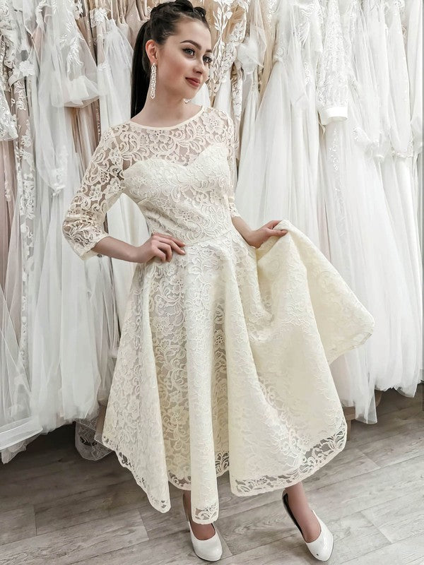 Beautiful 3/4 Long Sleeves Lace A-Line Tea-Length Wedding Dresses