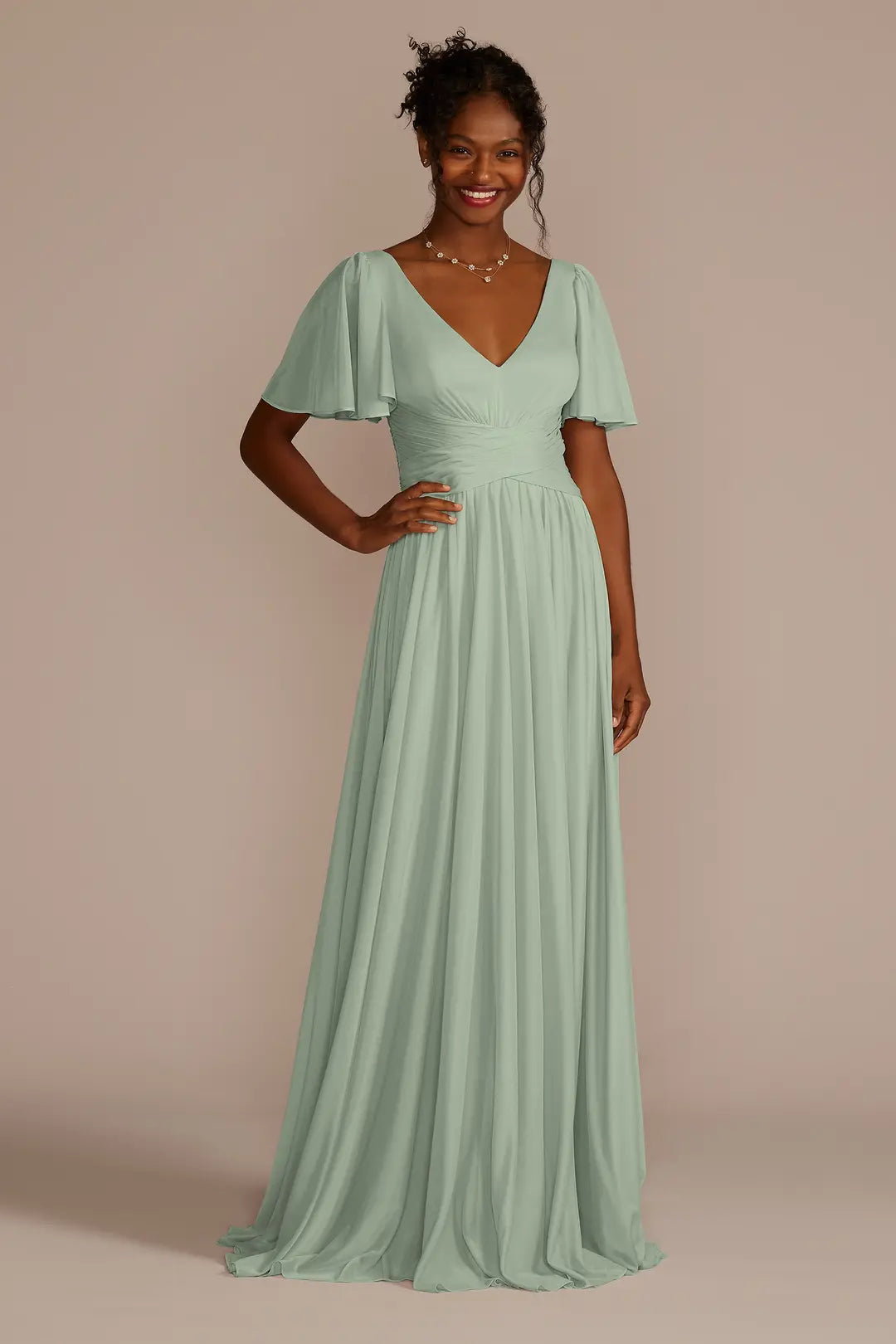 Flutter Sleeve Crisscross Mesh Bridesmaid Dress