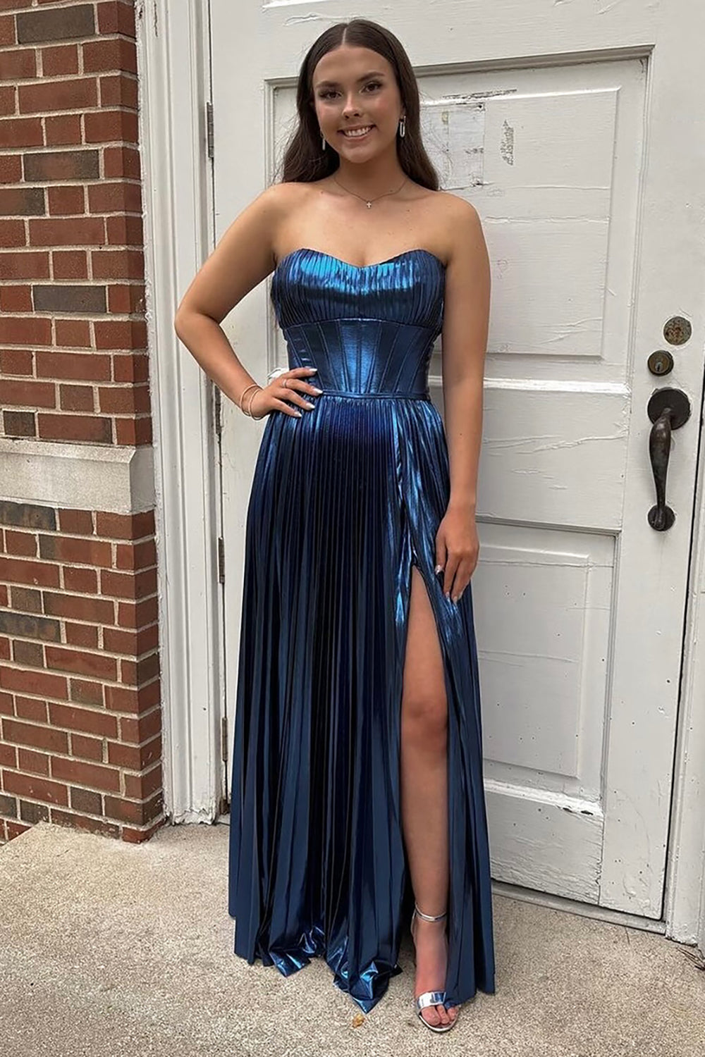 Long Navy Metallic A-Line Corset Prom Dress with Pleats and Sweetheart Slit
