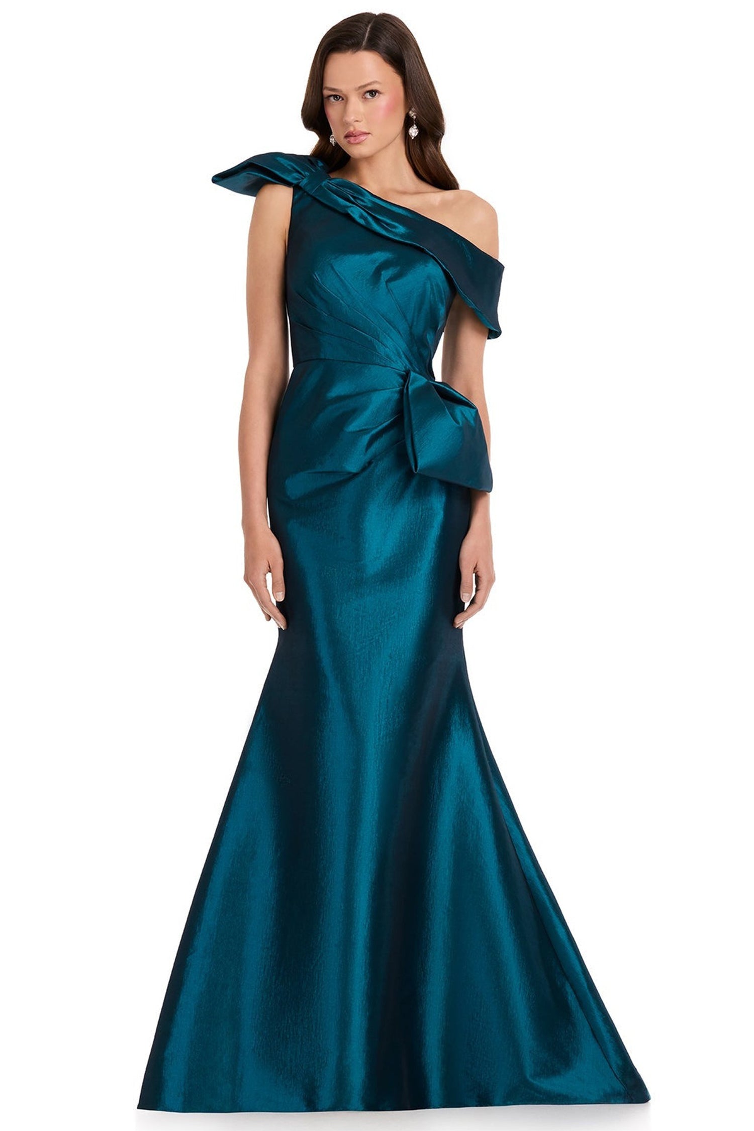 Ashley Lauren E12381 Bow Accent Asymmetric Taffeta Prom Gown