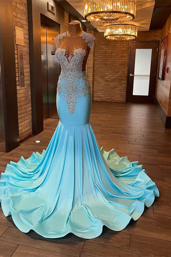 Blue Sleeveless Beading Mermaid Evening Dress