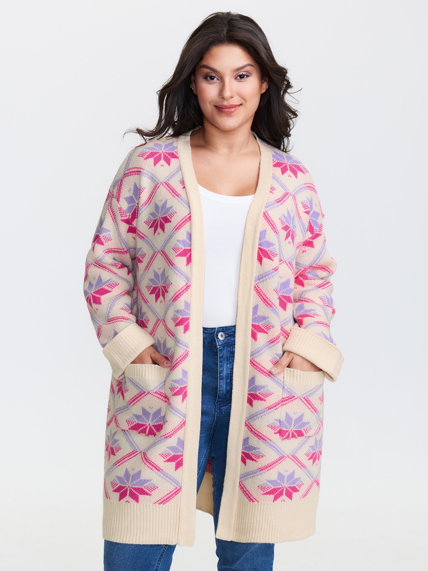 Geometric Snowflake Pattern Pockets Knit Cardigan