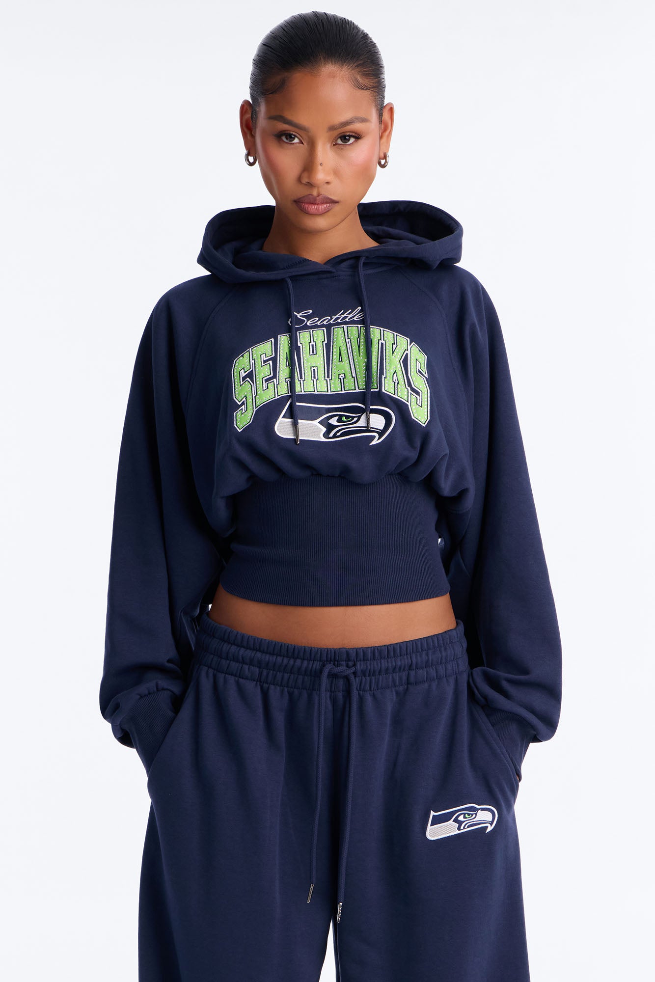 NFL Seahawks Cinched Rhinestone Hoodie Sweatshirt - Navy