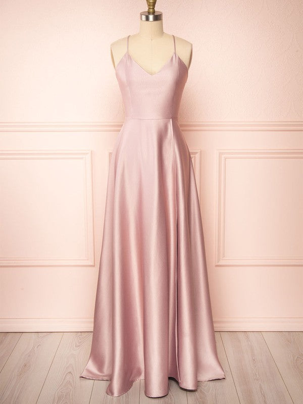 Fabulous A-Line V-Neck Satin Floor-Length Bridesmaid Dresses with Ruffles