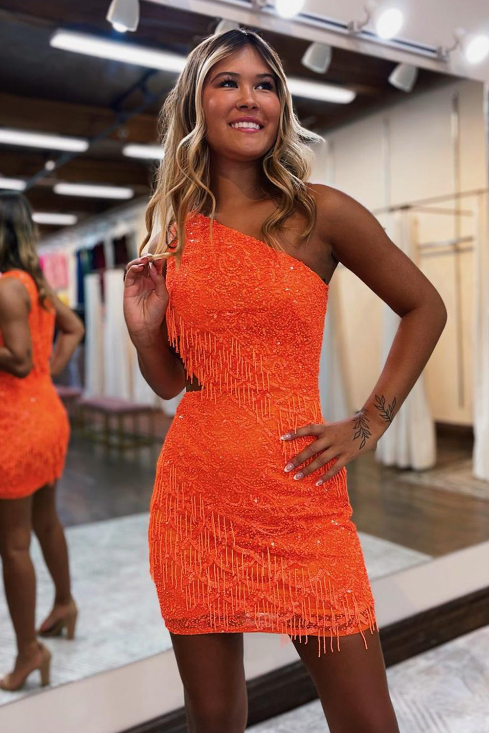 Sparkly Orange One Shoulder Sequins Cut Out Short Homecoming Dress/Mini Dress with Fringes