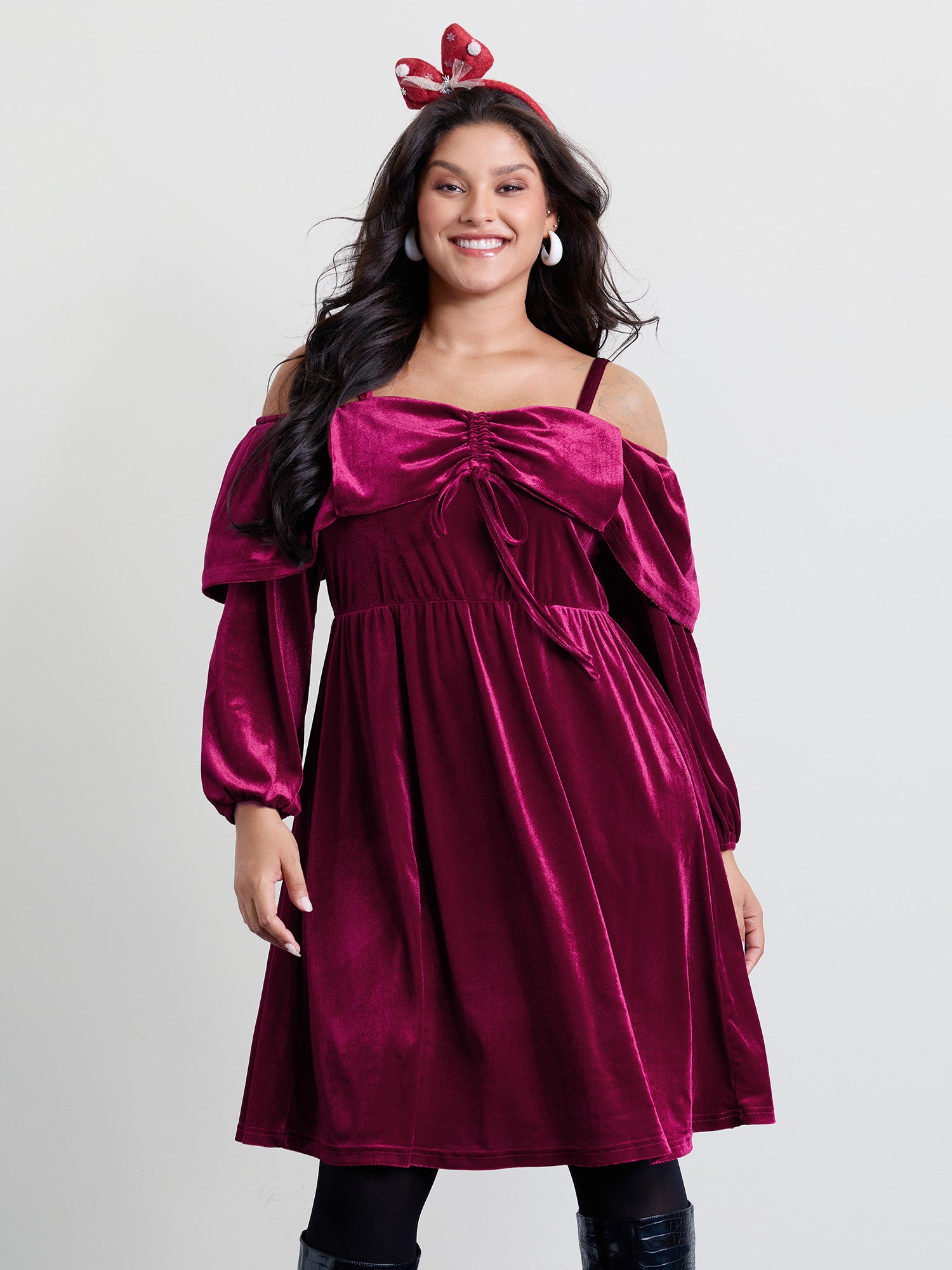 Velvet Off-Shoulder Bow Pockets Midi Dress
