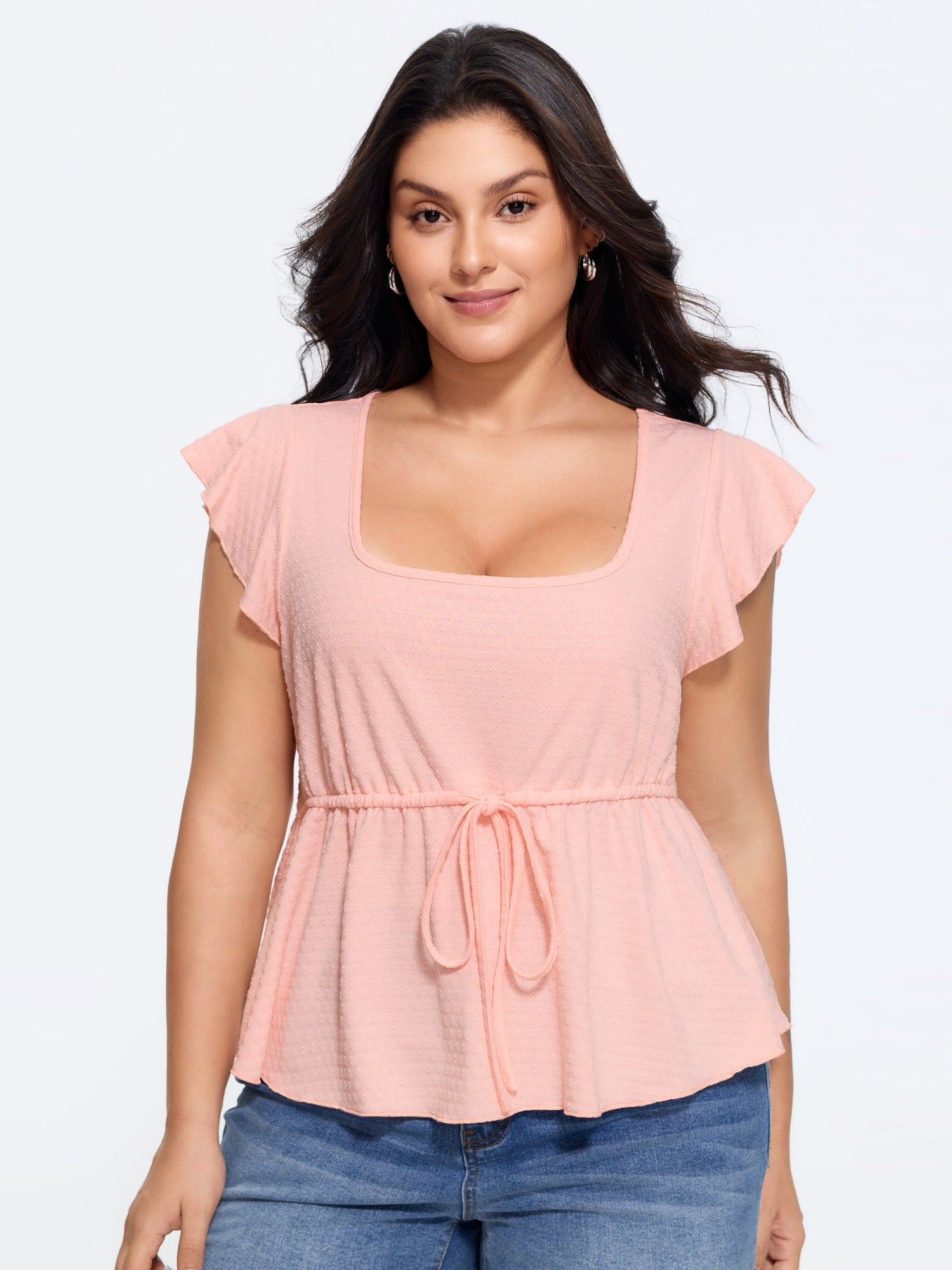 Texture Flutter Sleeve Drawstring Peplum Blouse