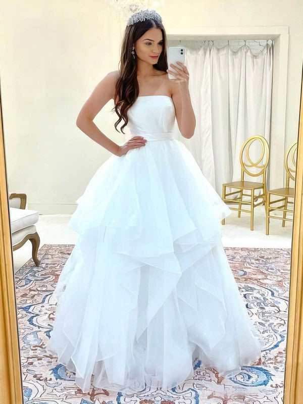 Charming Strapless Tulle Floor-Length Wedding Dresses with Cascading Ruffles