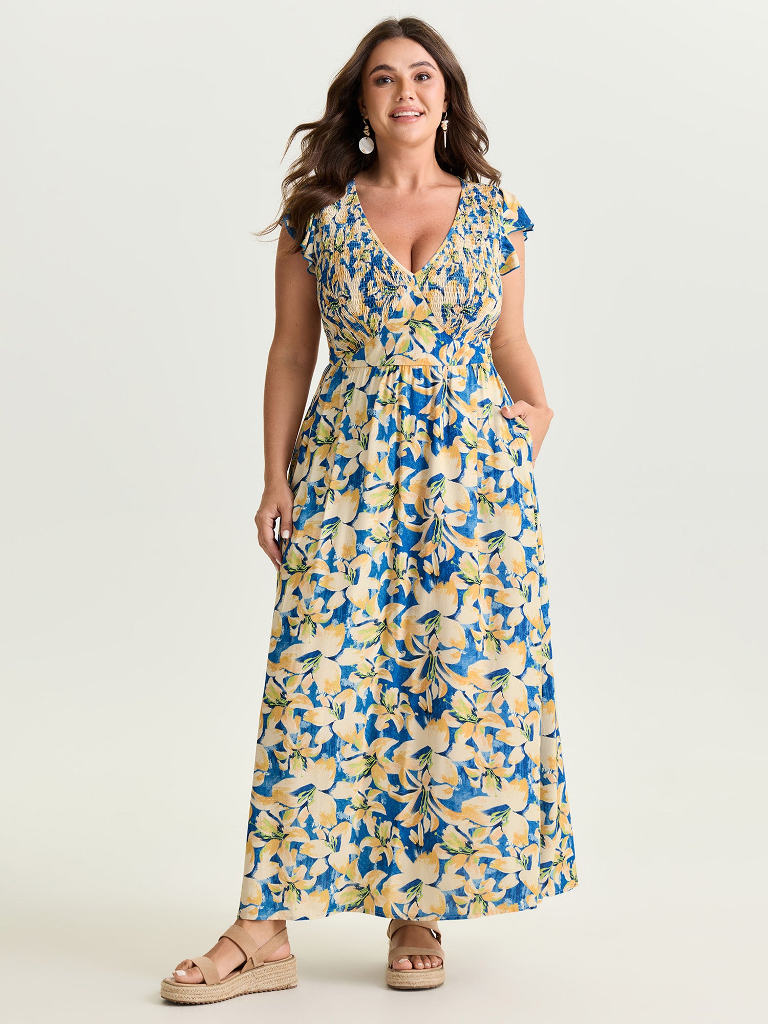 Floral Breeze Shirred V-Neck Maxi Dress