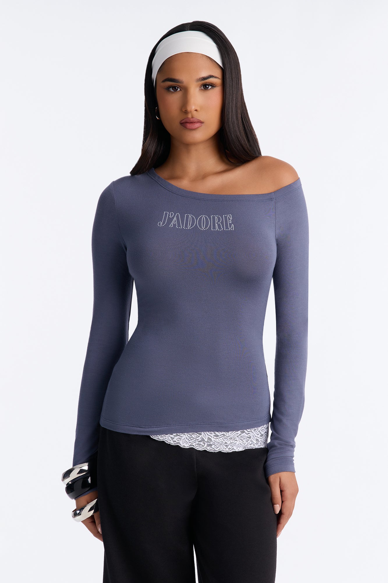 Jadore Mood Off Shoulder Fitted Tee - Gunmetal
