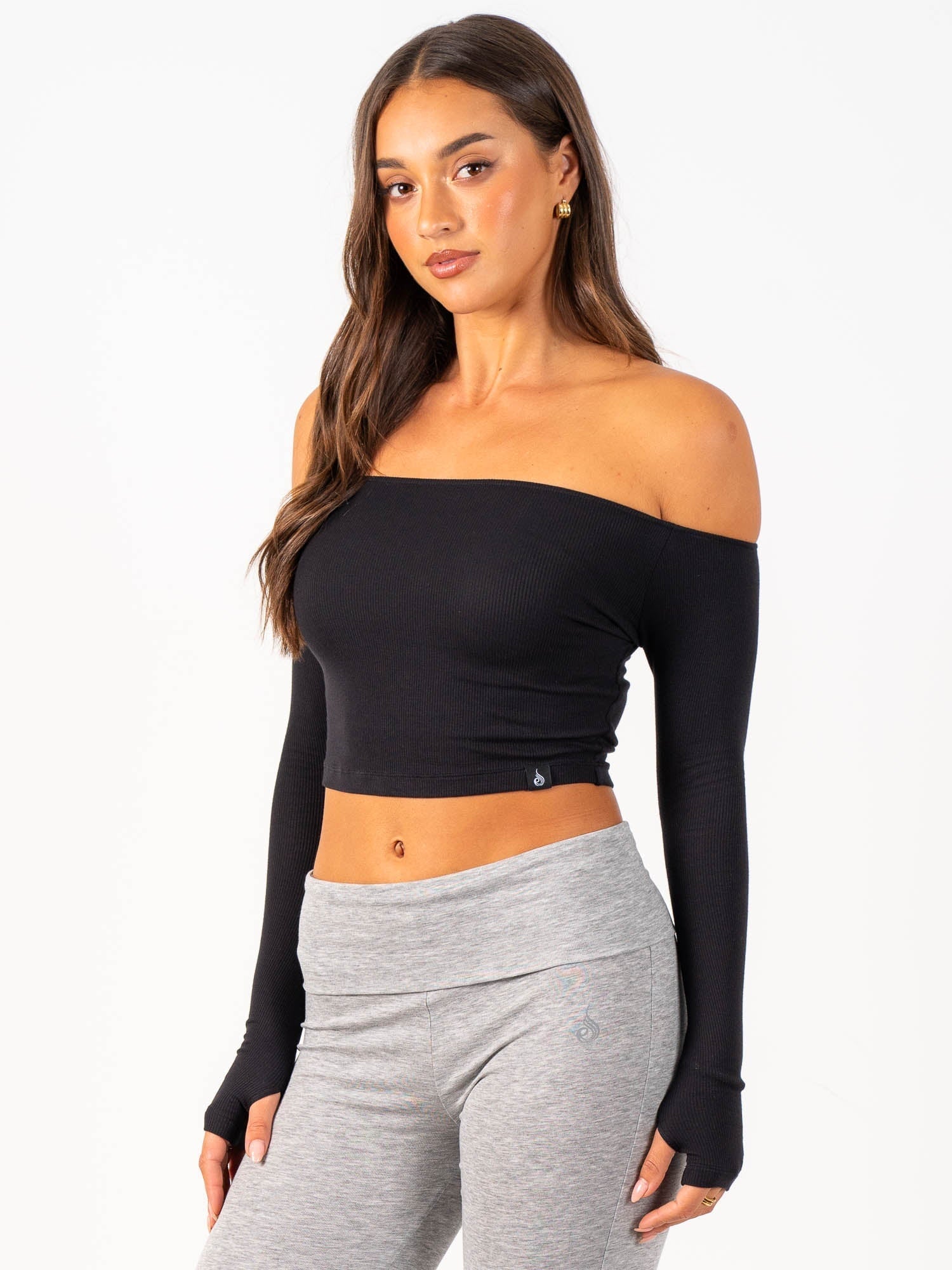 Ribbed Off Shoulder Long Sleeve Top - Black