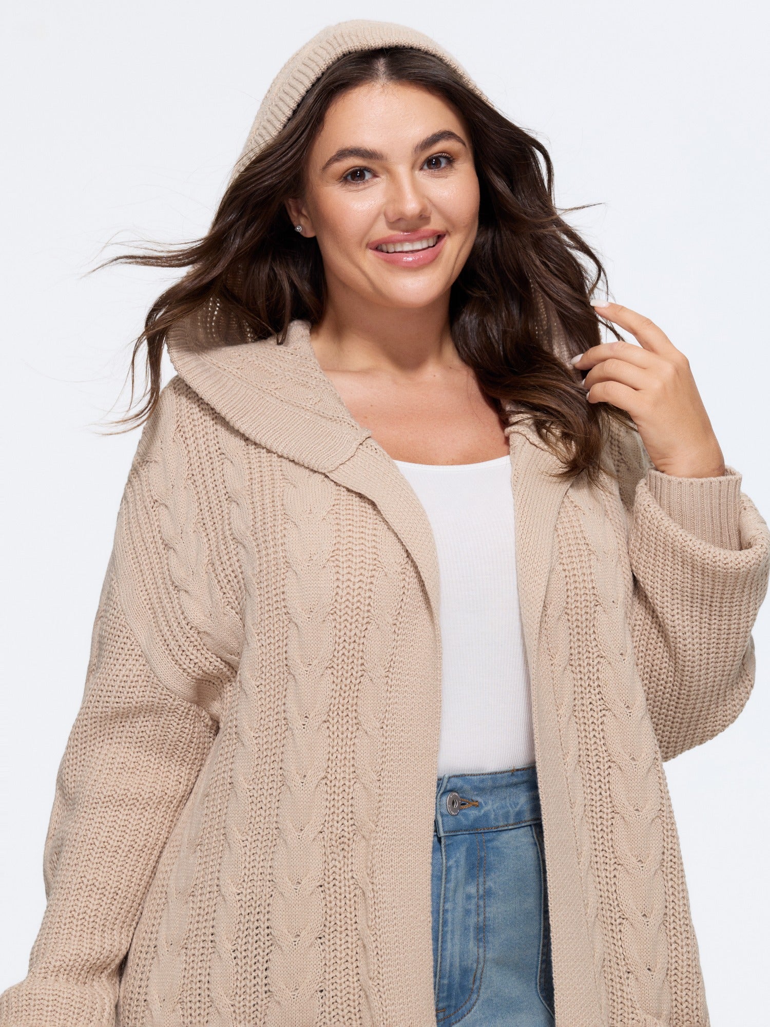 Open‑Front Pocket Cable Knit Hooded Cardigan