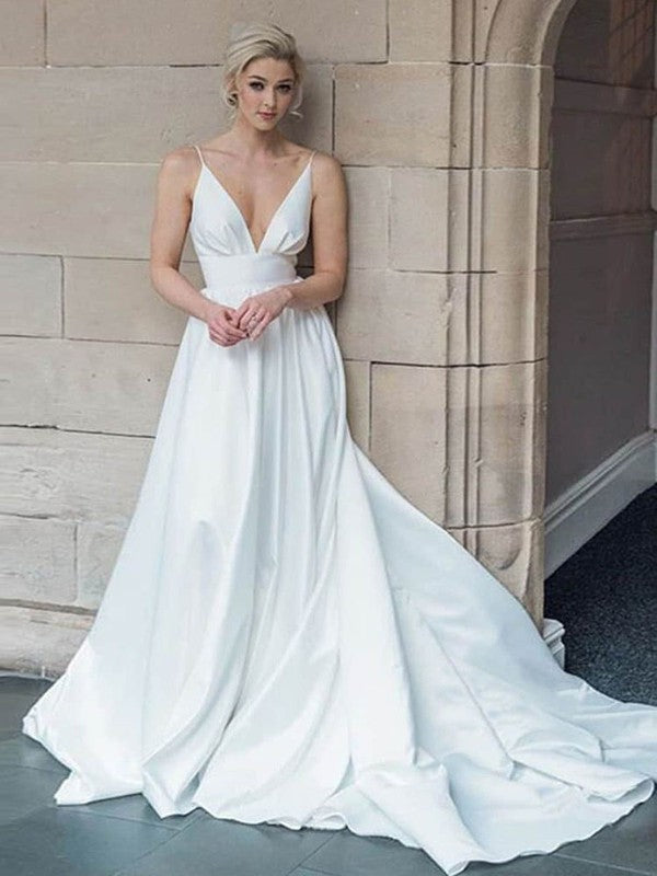 Gorgeous Deep V-Neck Sleeveless Satin Court Train Wedding Dresses