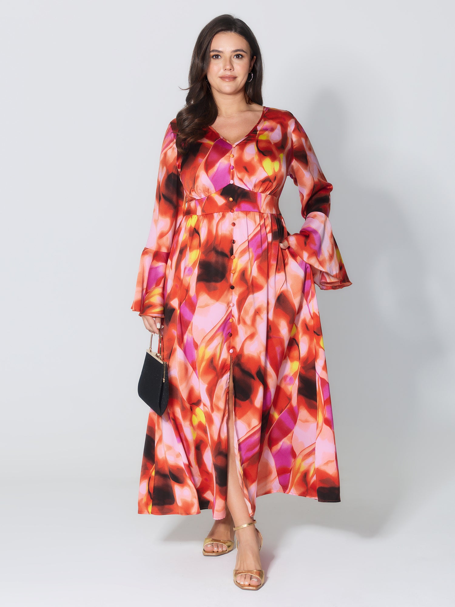 Abstract Print Flared Sleeve Maxi Dress