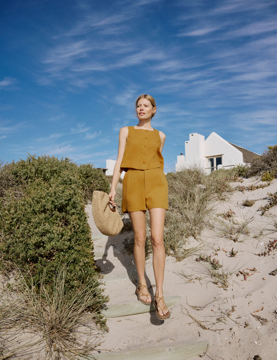 Yellow Linen-Rich Button Front Top