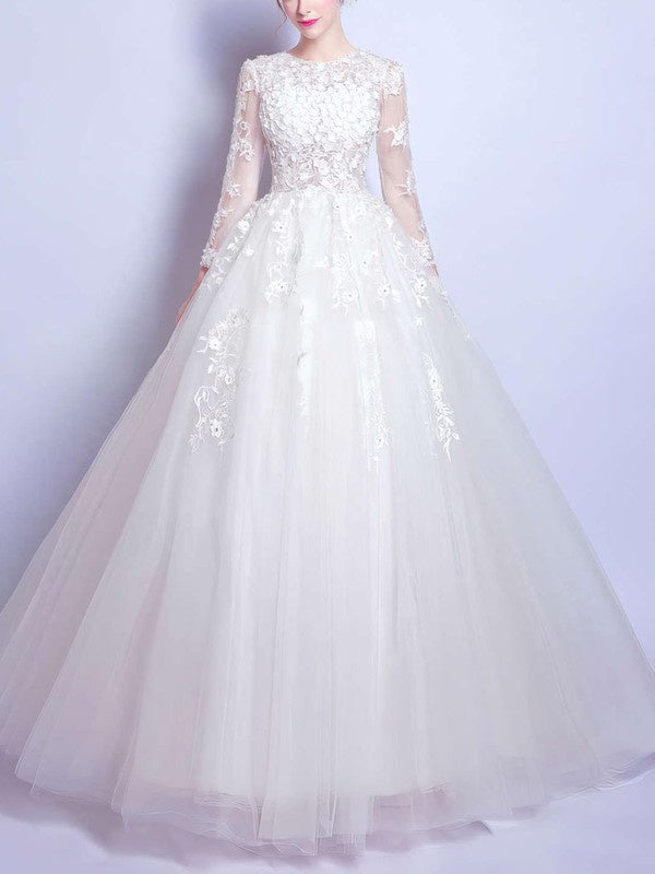 Charming Long Sleeves Lace Tulle Floor-Length Wedding Dresses with Appliques