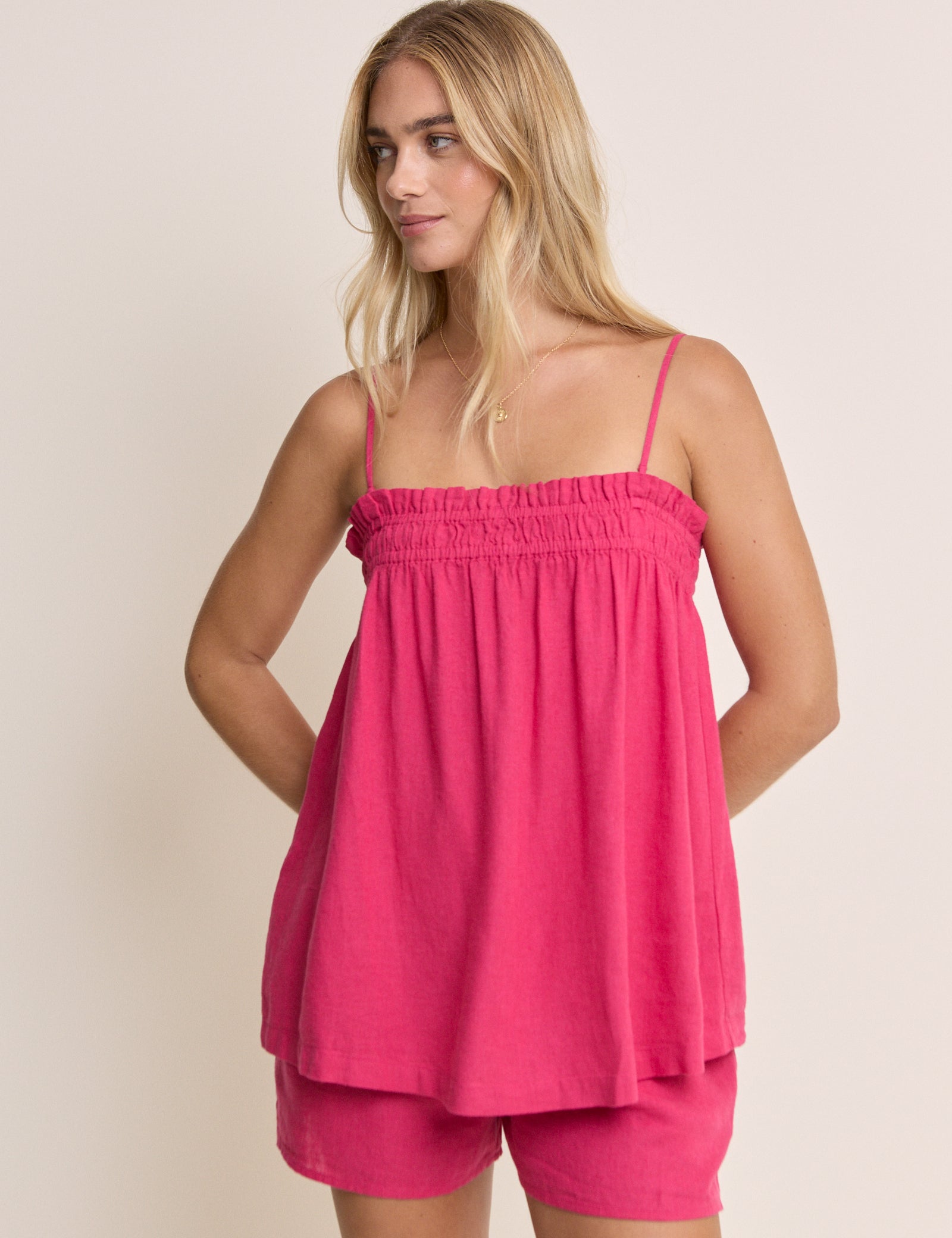 Pink Linen-Rich Ruched Bandeau Top