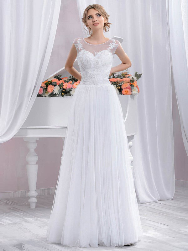 Chic A-Line Sleeveless Crew Tulle Floor-Length Wedding Dresses with Appliques