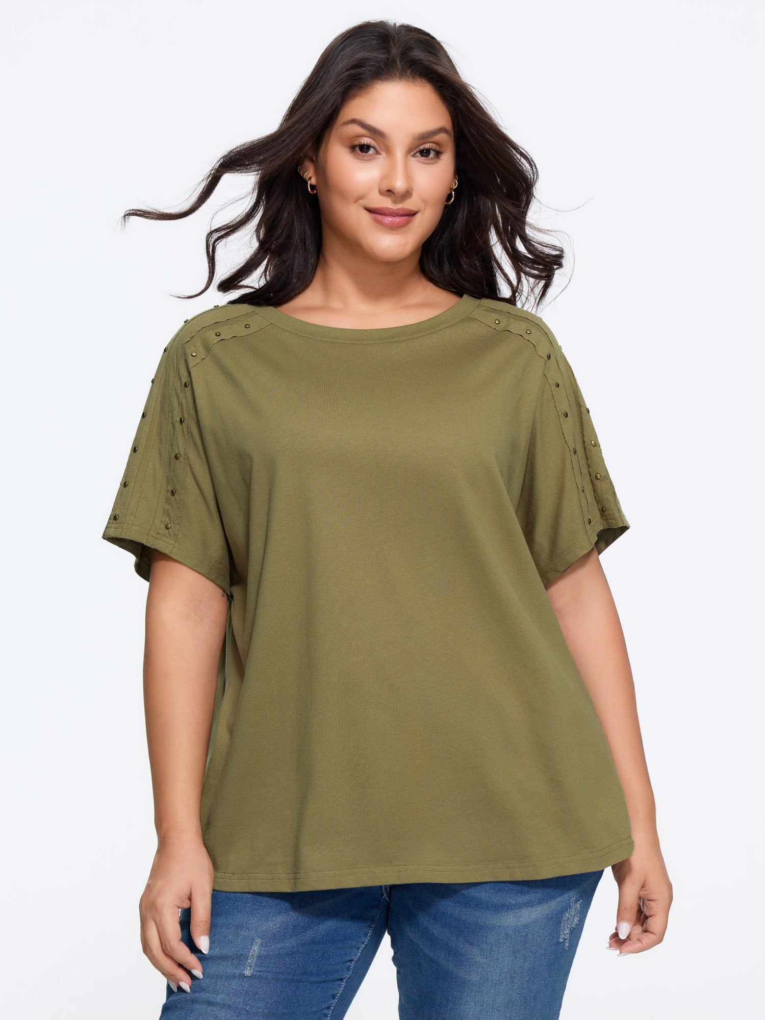 Cotton Rivet Stud Detail Shoulder T-Shirt
