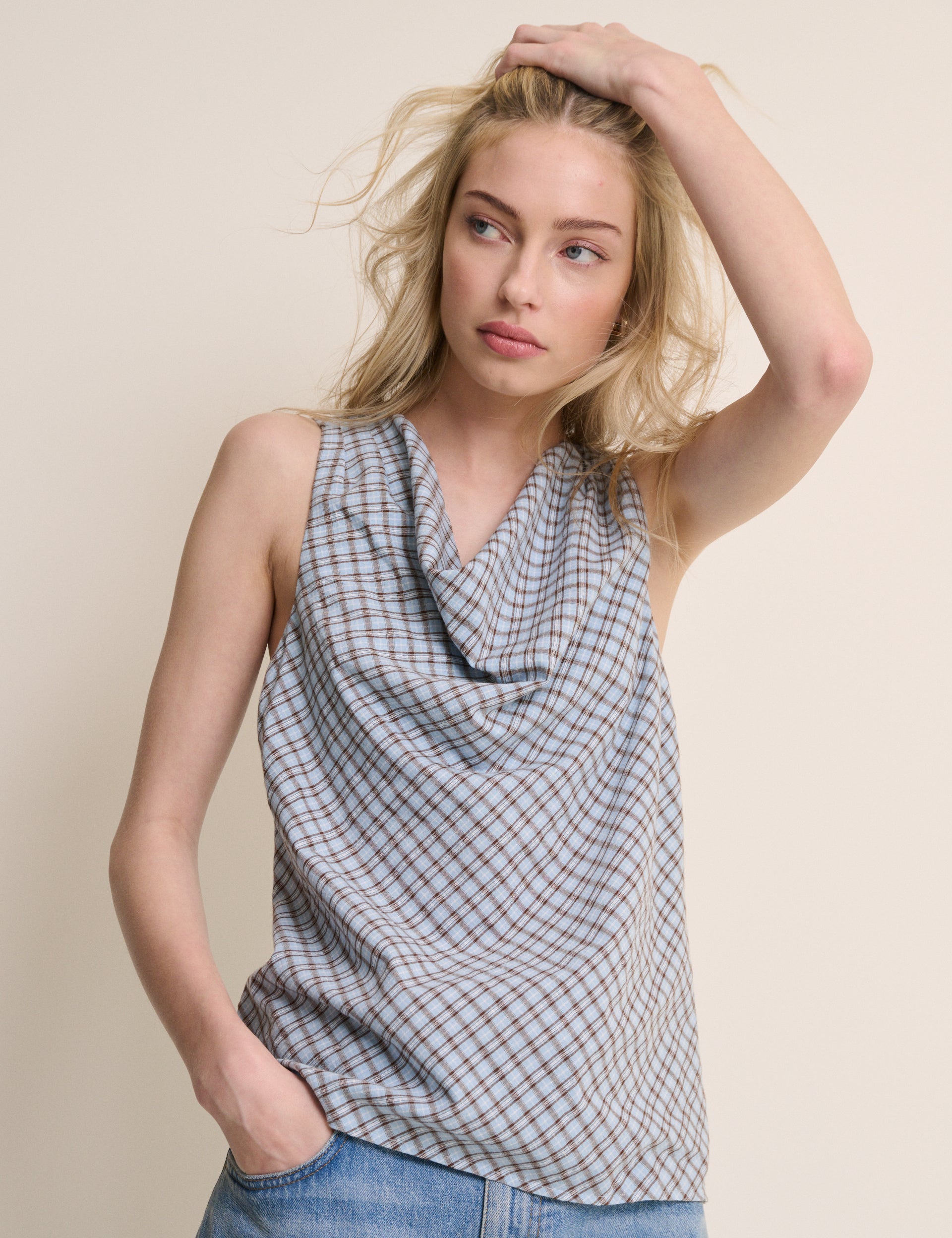 Blue Check Cowl Neck Sleeveless Top
