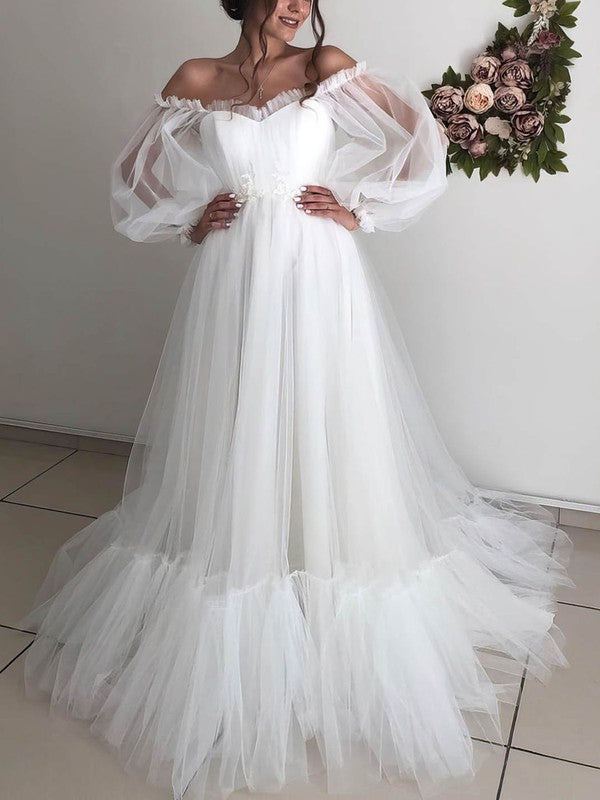 Gorgeous Off-The-Shoulder Sweetheart Tulle Court Train A-Line Wedding Dresses with Ruffles