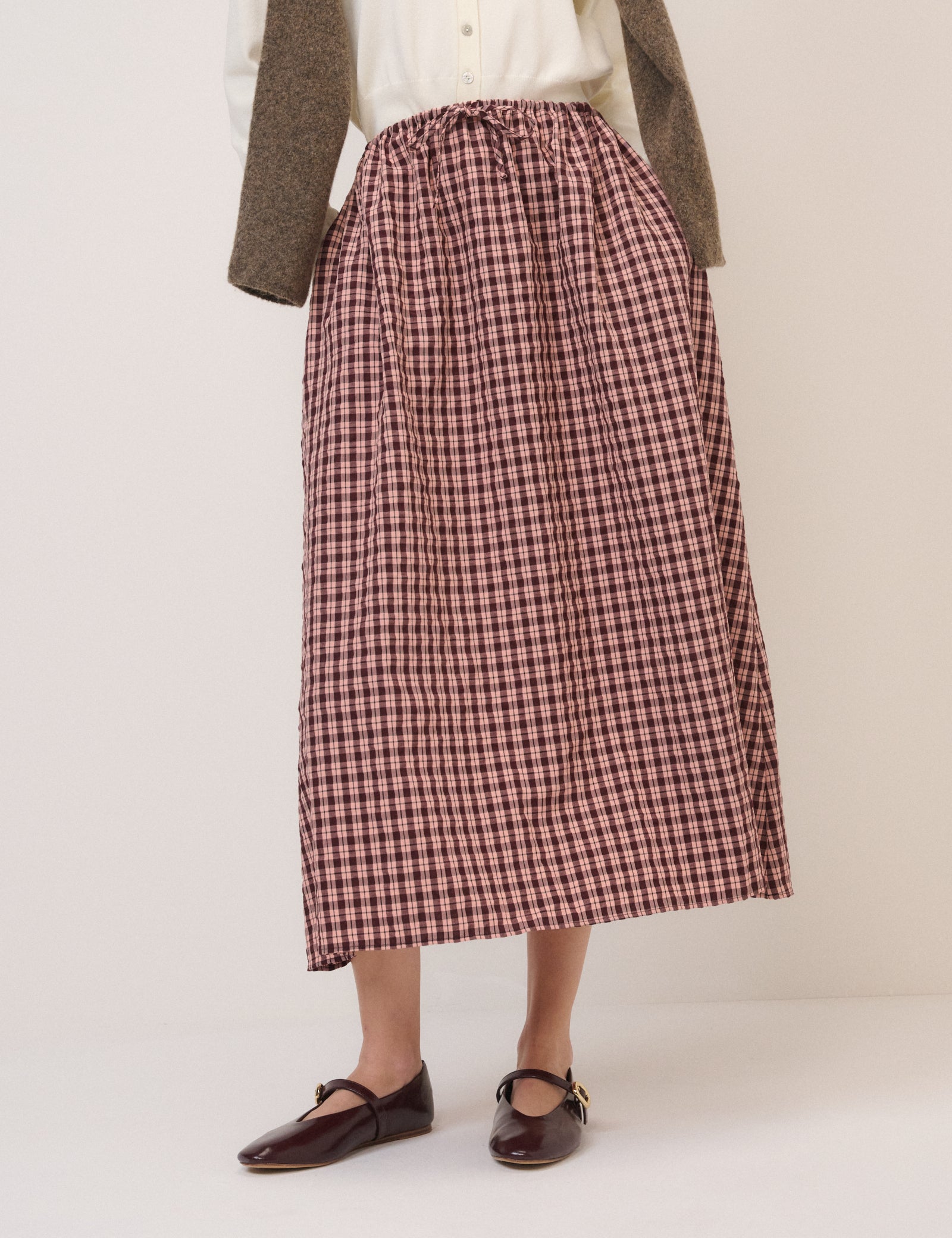Pink And Brown Check Naples Midi Skirt