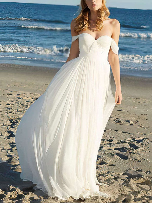 Fashionable A-Line Off-The-Shoulder Sweetheart Chiffon Floor-Length Wedding Dresses with Ruffles