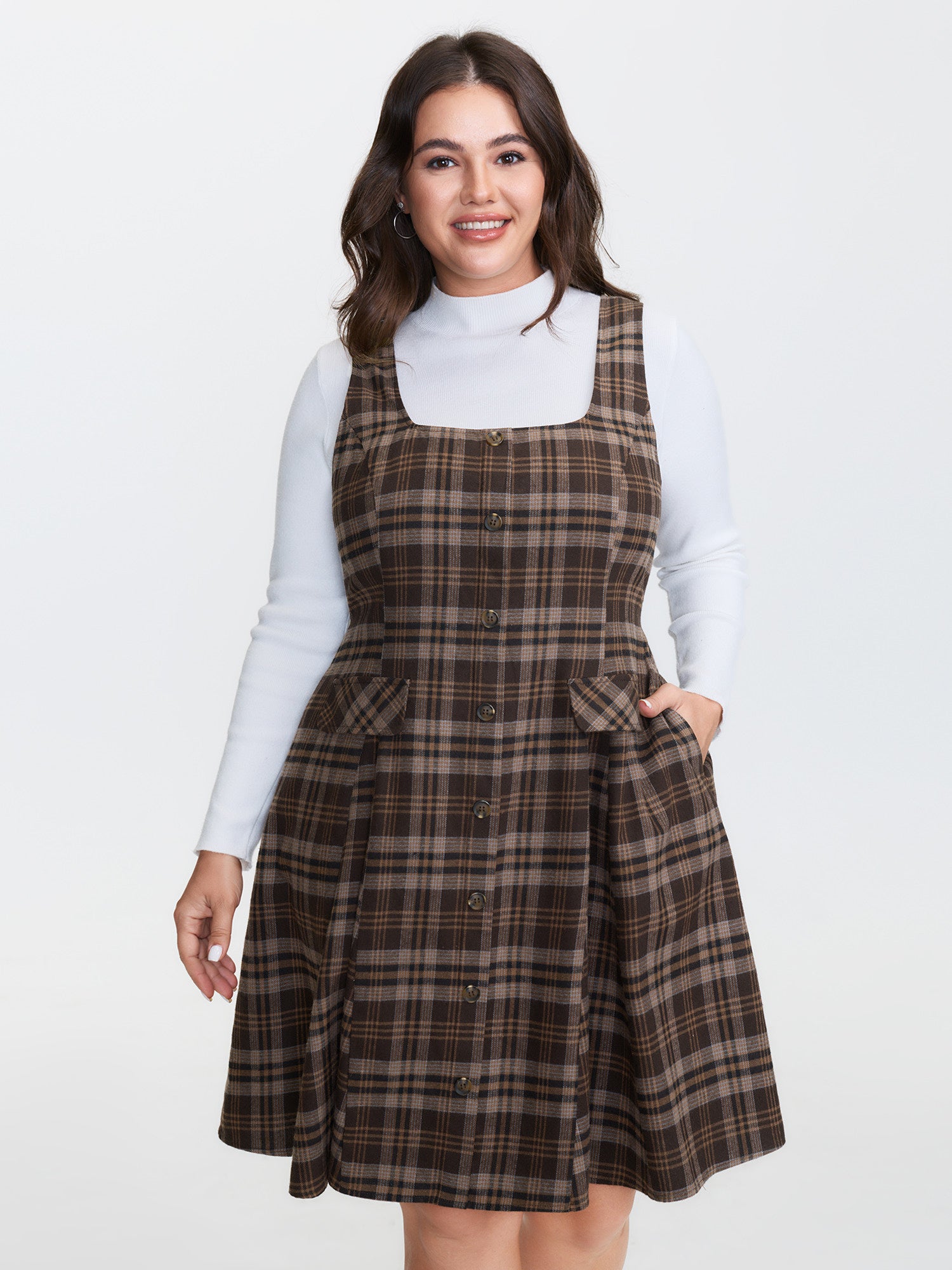 Plaid Pattern Button Pockets Mini Dress