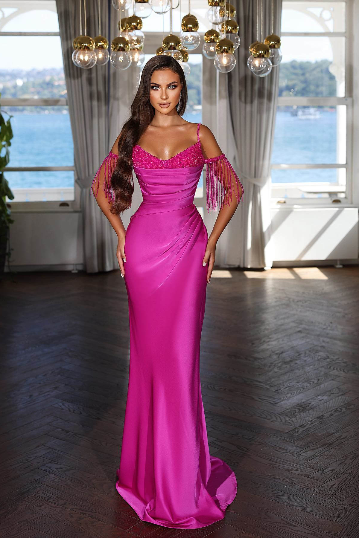 Luxury Hot Pink Spaghetti Strap Mermaid Long Evening Dress With Chic Tassels and Sequins