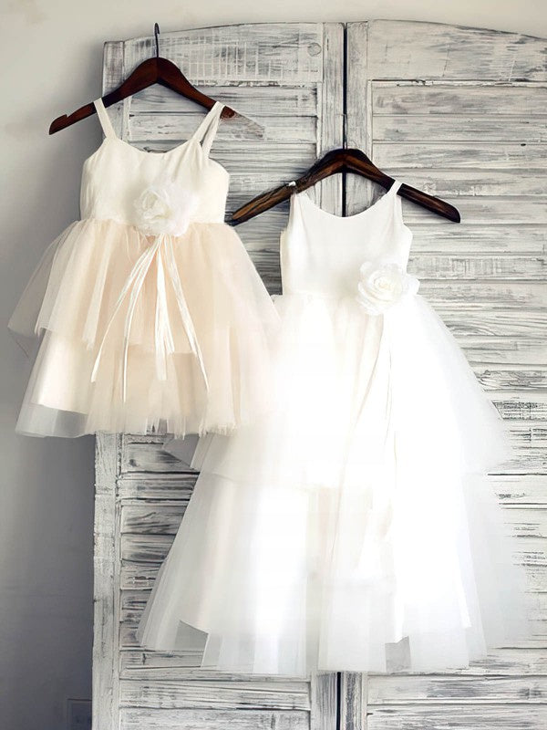 Beautiful Tiered Scoop Neck Satin Tulle Ball Gown Flower Girl Dresses