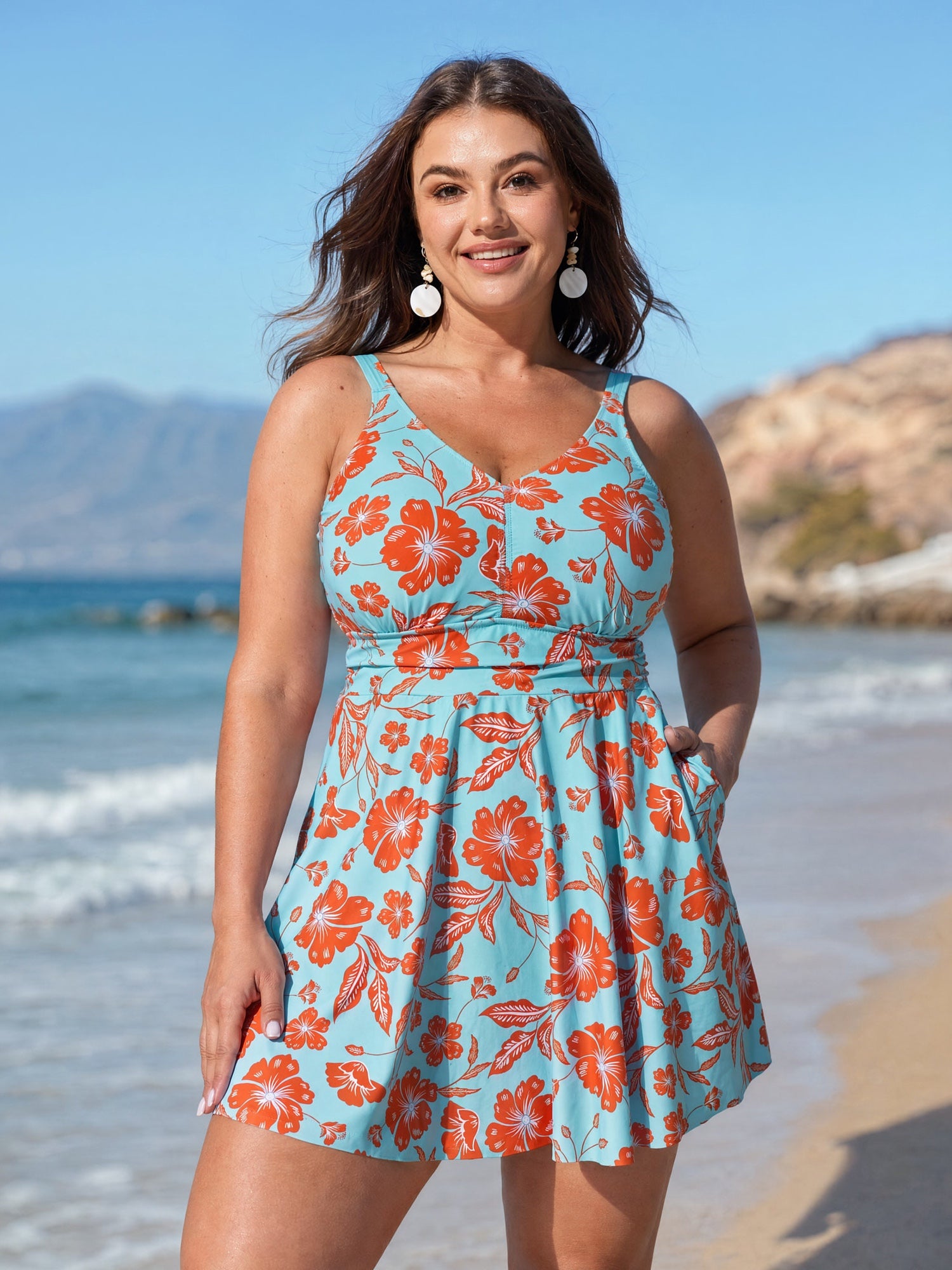 Floral Print Pockets Fit And Flare Swim Dress