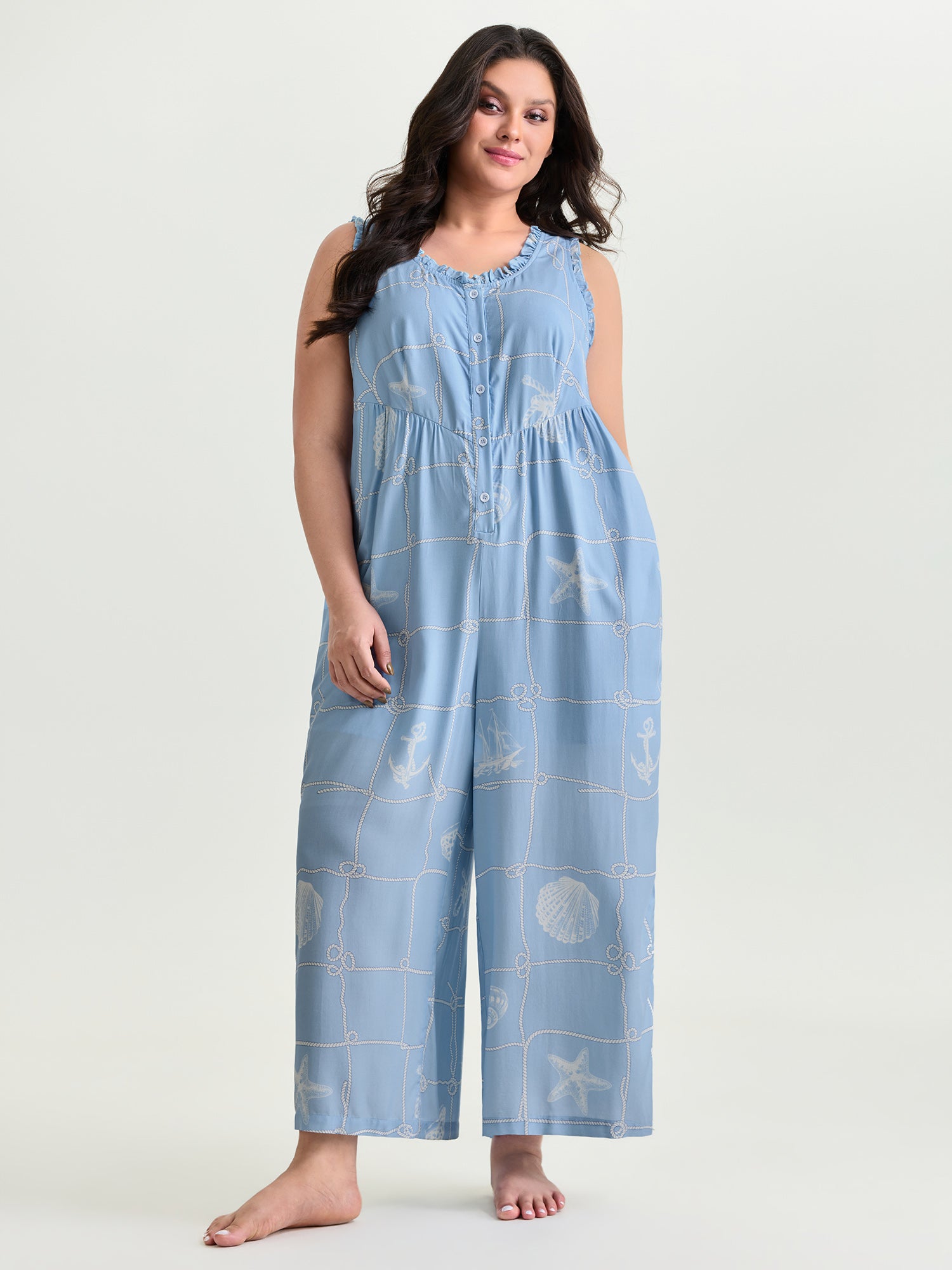 Seashell Print Button Placket Lounge Jumpsuit
