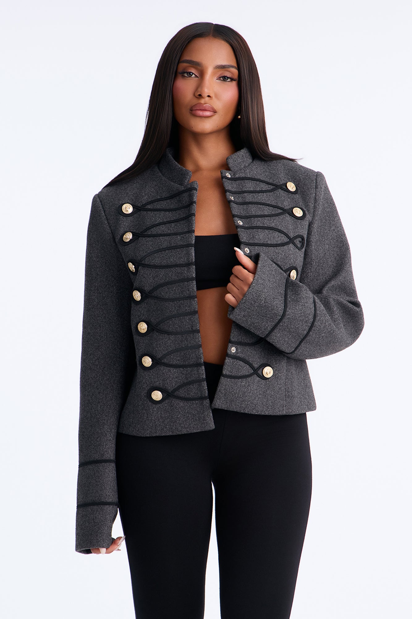 Emily Embellished Military Trim Short Coat - Charcoal